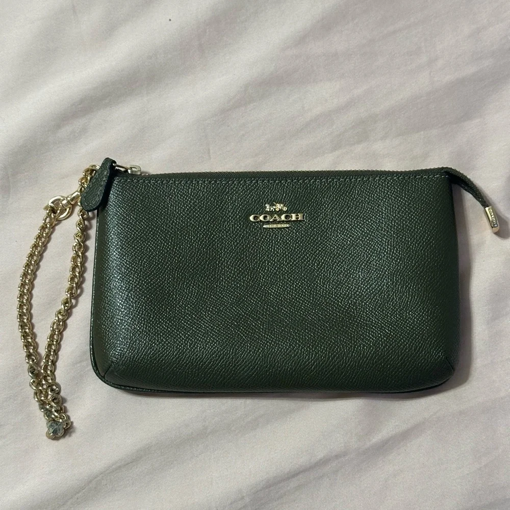 Coach Dark Green Leather Wristlet with Gold Chain Strap